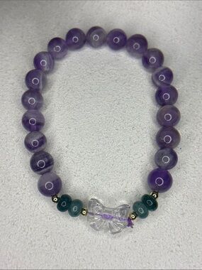 Amethyst Beaded Stretch Bracelet with Green Accents